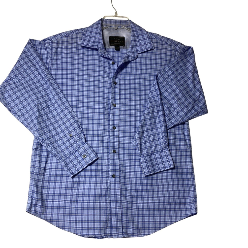 Jos A Bank Reserve Mens Dress Shirt Large Blue Plaid Cotton Silk Blend